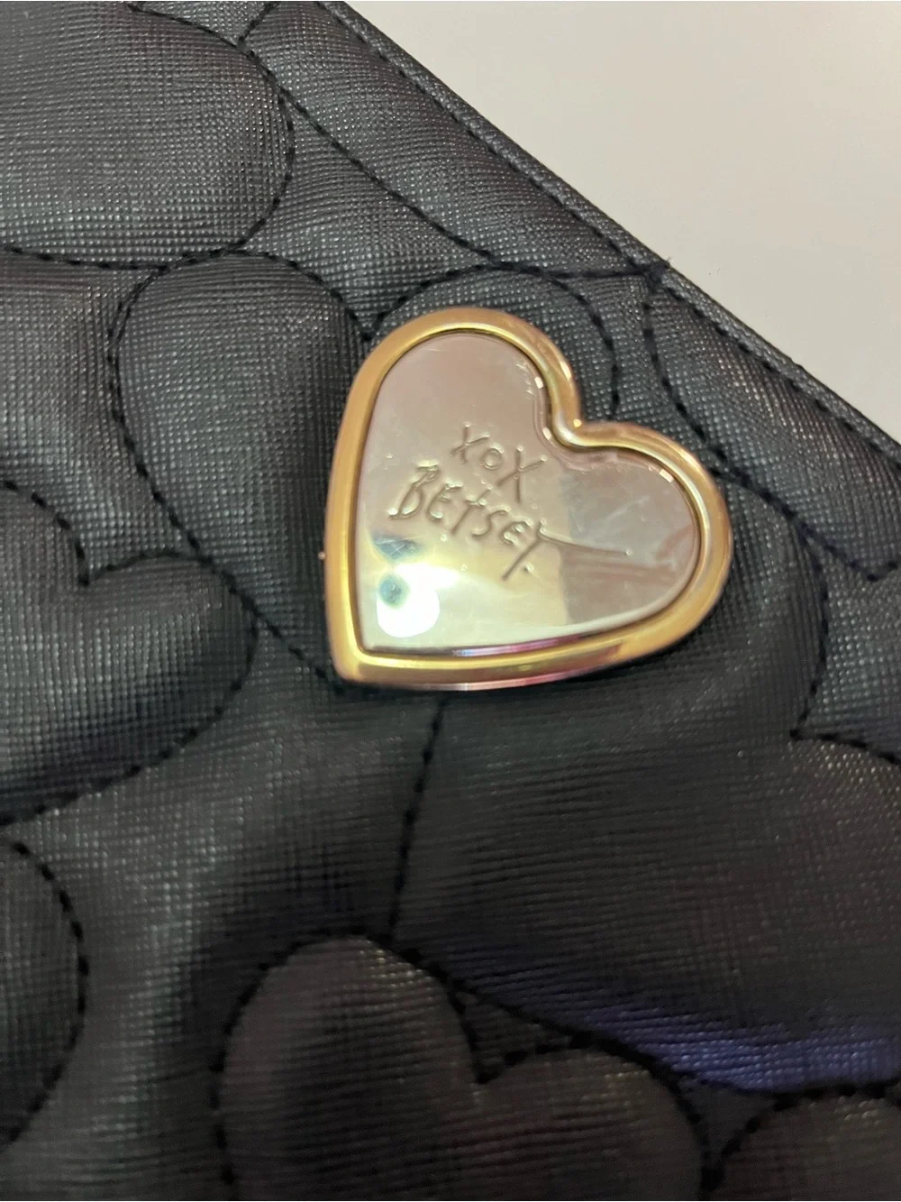 Betsey Johnson Black Quilted Heart Crossbody with Gold Heart Accent